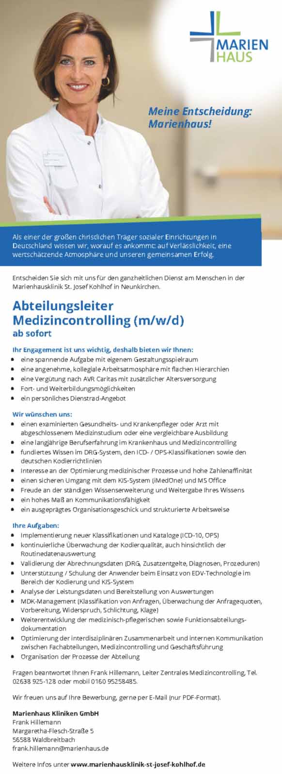 Marienhaus Kliniken GmbH Waldbreitbach: Abteilungsleiter Medizincontrolling (m/w/d)