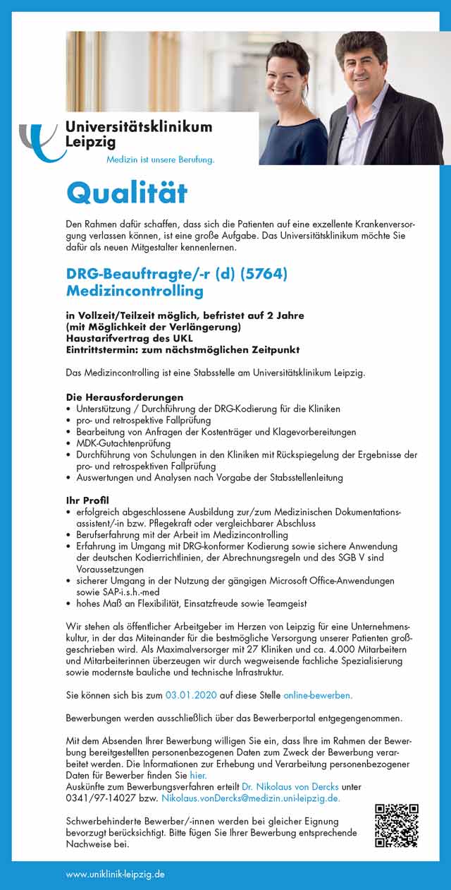 Universitätsklinikum Leipzig AöR: DRG-Beauftragter Medizincontrolling (m/w/d)