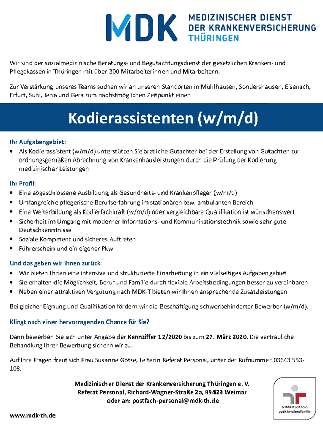 MDK Thüringen: Kodierassistent (w/m/d)