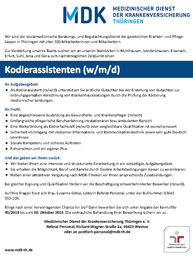 MDK Thüringen e.V.: Kodierassistenten (m/w/d)