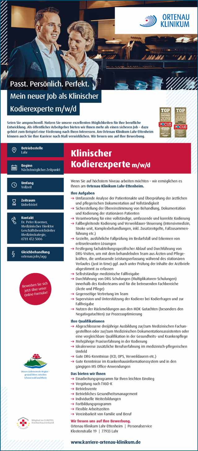 Ortenau Klinikum Lahr-Ettenheim: Klinischer Kodierexperte (m/w/d)