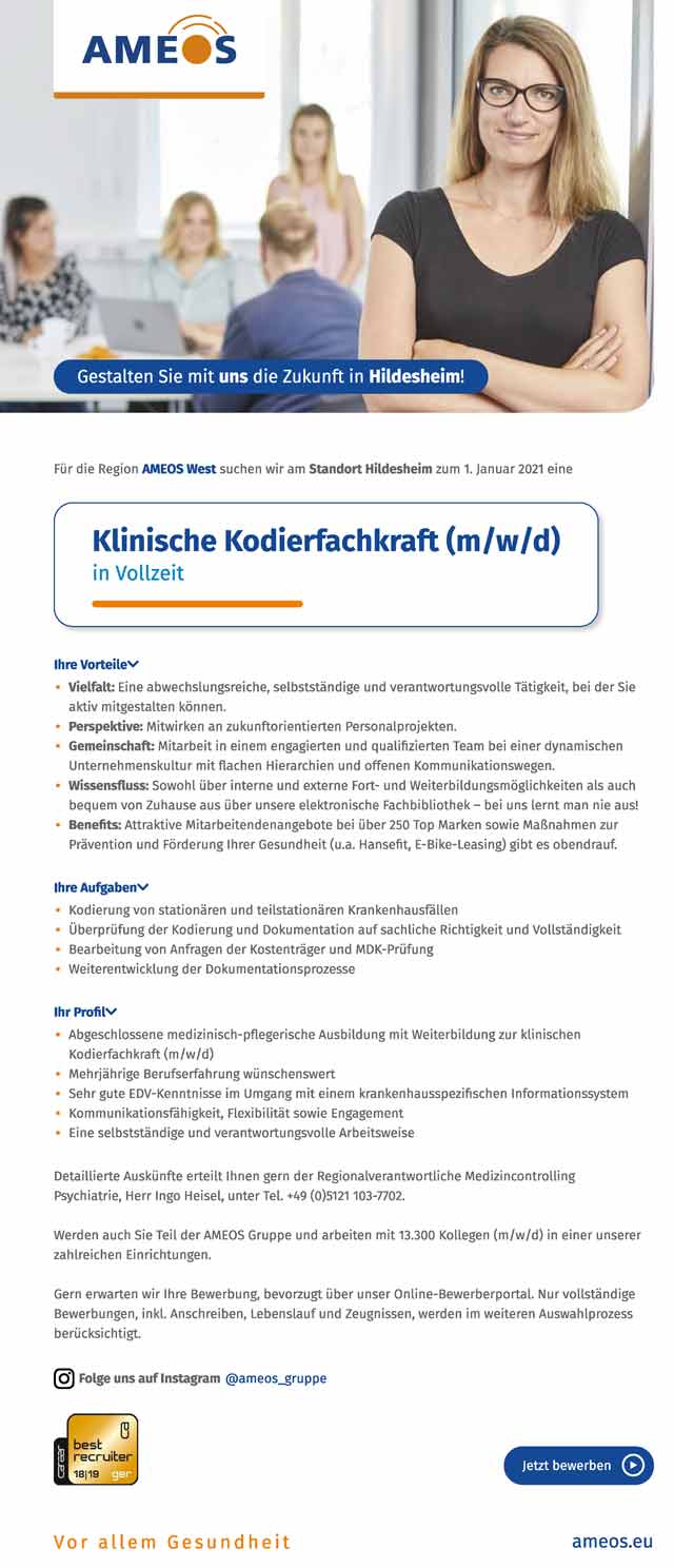 AMEOS Region West Hildesheim: Klinische Kodierfachkraft (m/w/d)