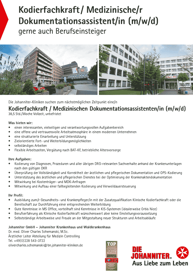 Johanniter Krankenhaus Bonn: Kodierfachkraft / Medizinischer Dokumentationsassistent (m/w/d)