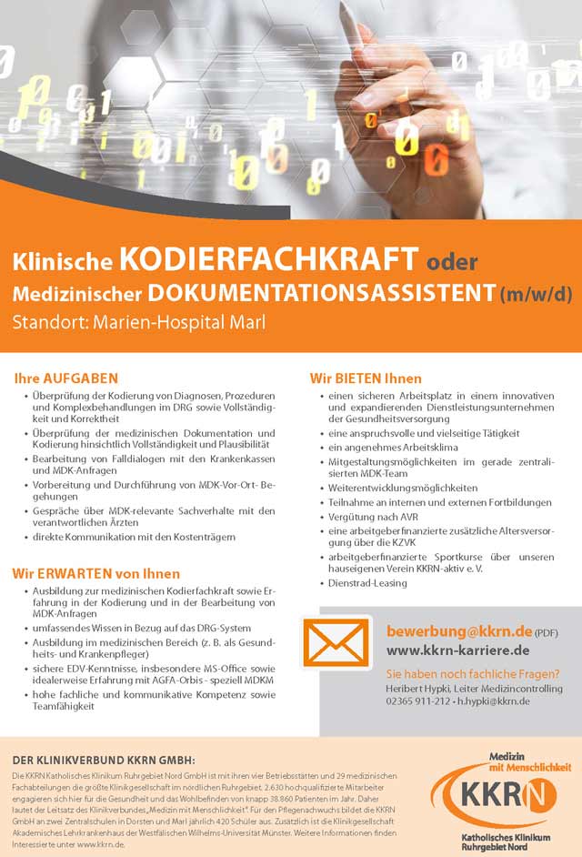 Katholisches Klinikum Ruhrgebiet Nord GmbH: Klinische Kodierfachkraft / Medizinischer Dokumentationsassistent (m/w/d)