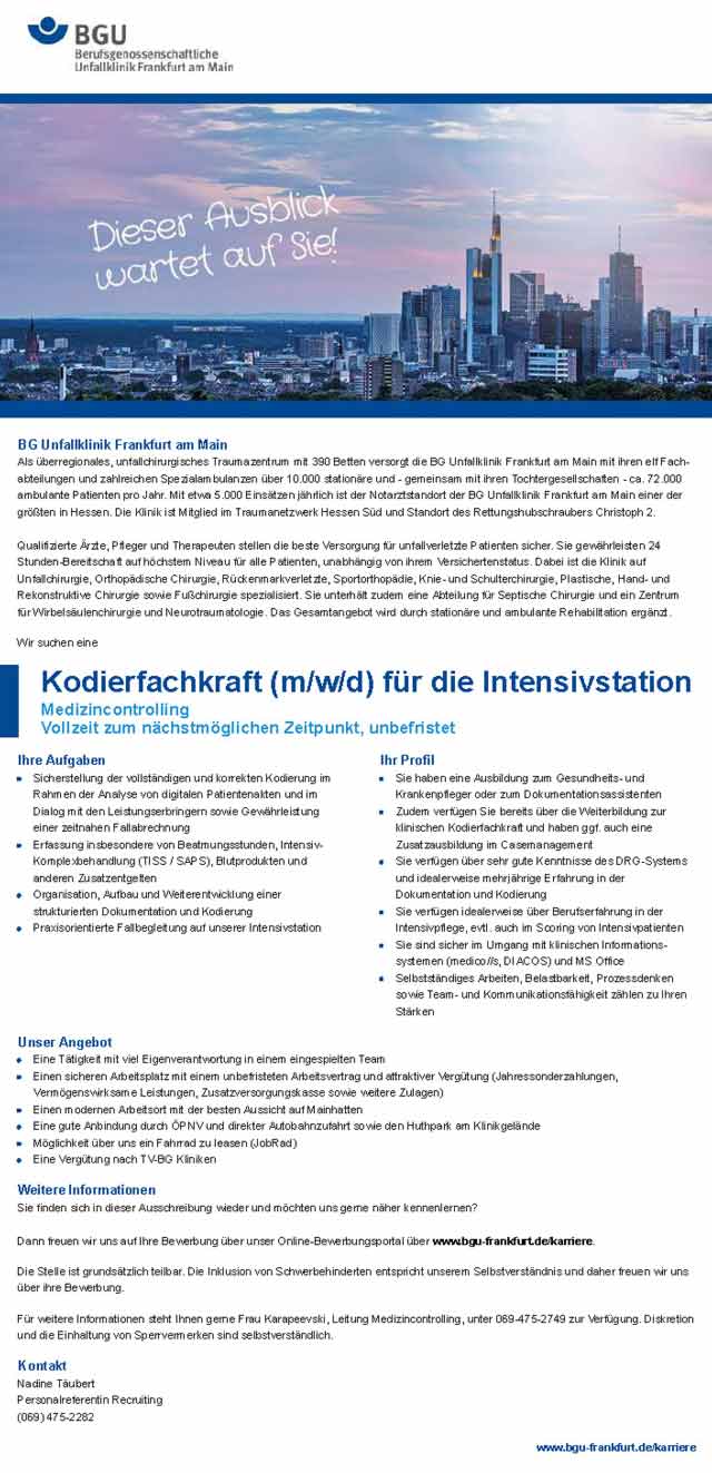 BGU Frankfurt am Main: Kodierfachkraft f.d. Intensivstation (m/w/d)