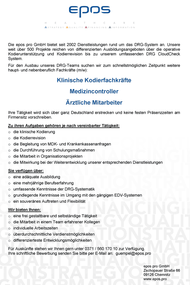 epos pro GmbH Chemnitz: Klinische Kodierfachkräfte / Medizincontroller / Ärztliche Mitarbeiter (m/w/d)