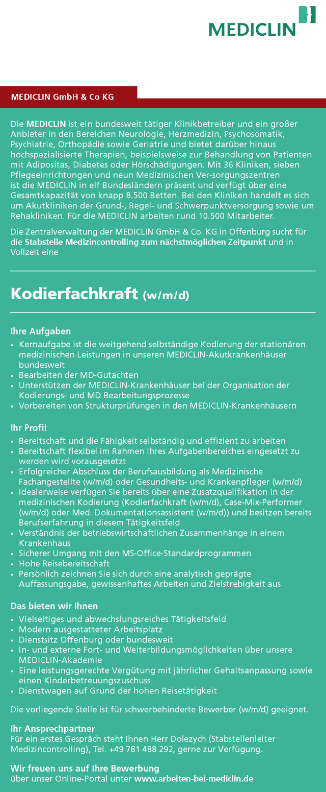 MEDICLIN GmbH & Co. KG Offenburg: Kodierfachkraft (w/m/d)