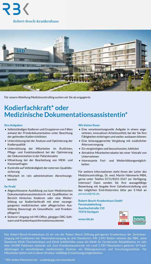 Robert Bosch Krankenhaus Stuttgart: Kodierfachkraft / Med. Dokumentationsassistent (m/w/d)