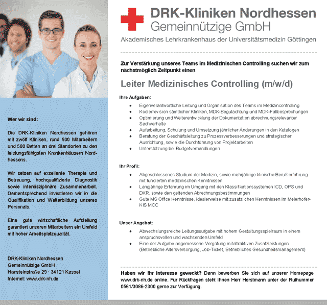 DRK-Kliniken Nordhessen gGmbH: Leiter Medizinisches Controlling (m/w/d)