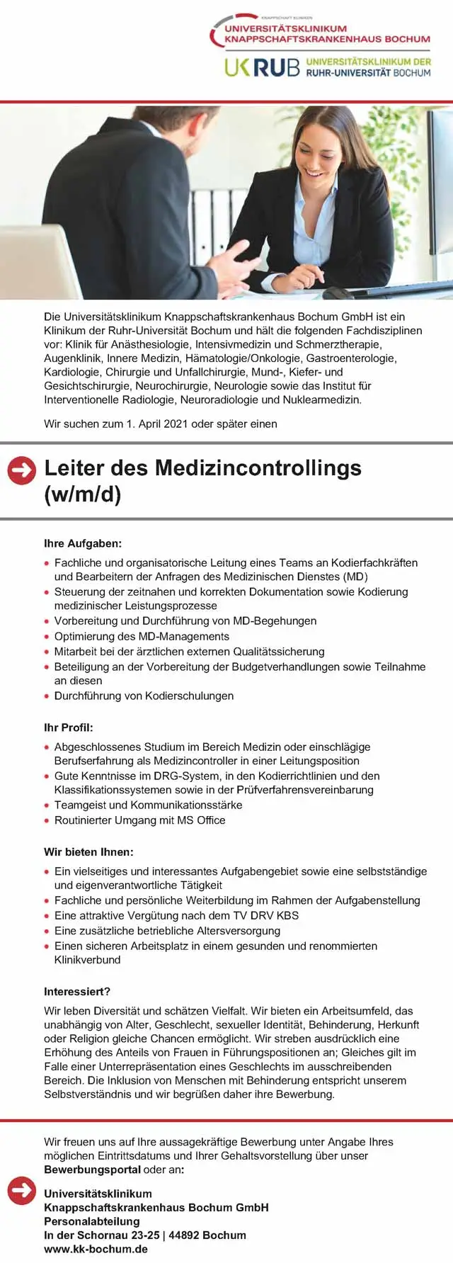 Universitätsklinikum Knappschaftskrankenhaus Bochum GmbH: Leiter des Medizincontrollings (w/m/d)