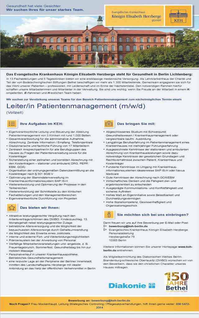 Evangelisches Krankenhaus Königin Elisabeth Herzberge Berlin: Leitung Patientenmanagement (m/w/d)