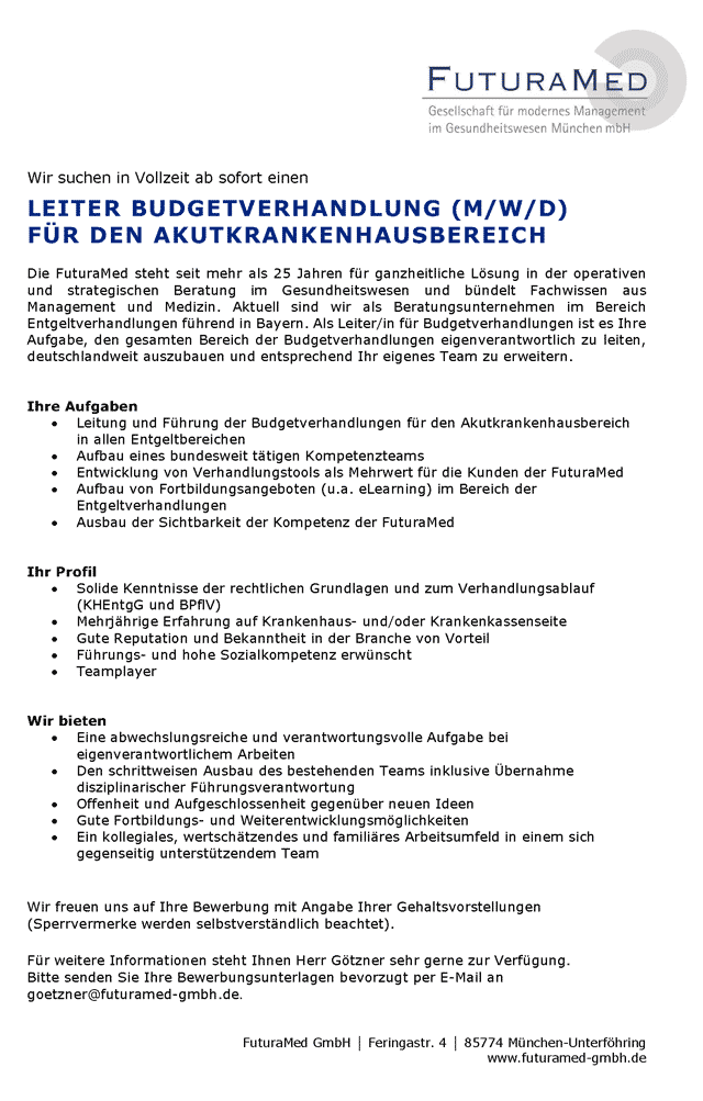 FuturaMed GmbH: Leiter Budgetverhandlung f.d. Krankenhausbereich (m/w/d)
