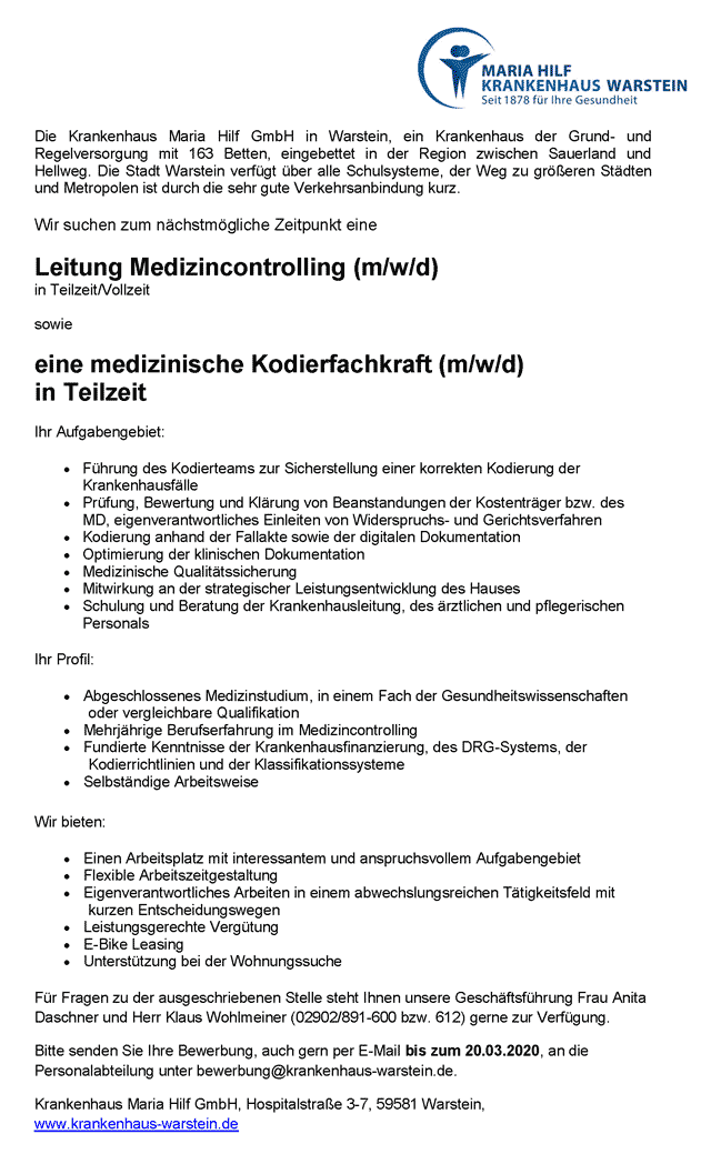 Krankenhaus Maria Hilf GmbH: Leitung Medizincontrolling / Kodierfachkraft (m/w/d)