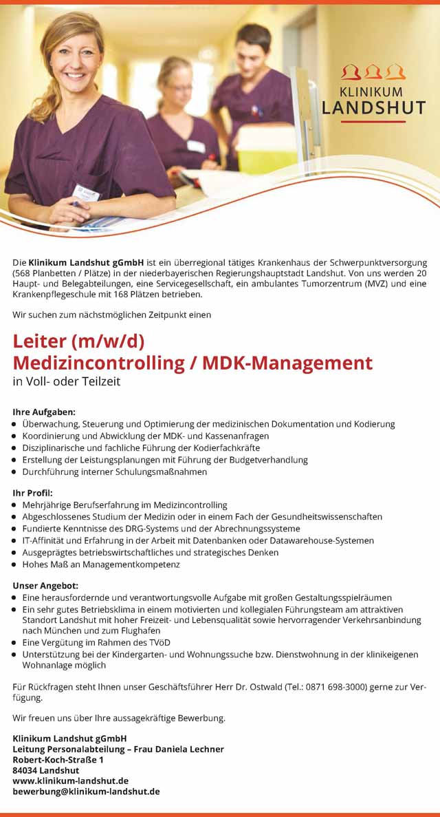 Klinikum Landshut: Leitung Medizincontrolling / MDK-Management (m/w/d)