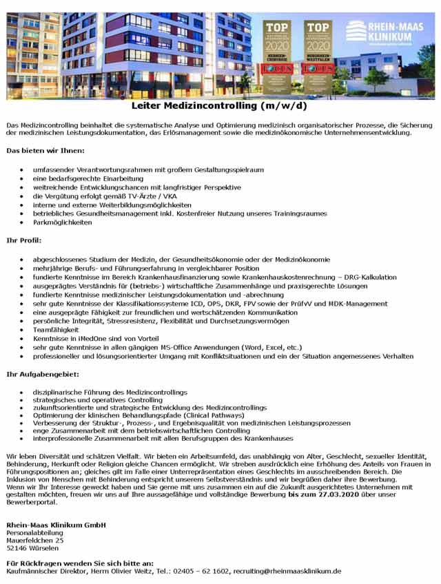 Rhein-Maas Klinikum GmbH Würselen: Leiter Medizincontrolling (m/w/d)