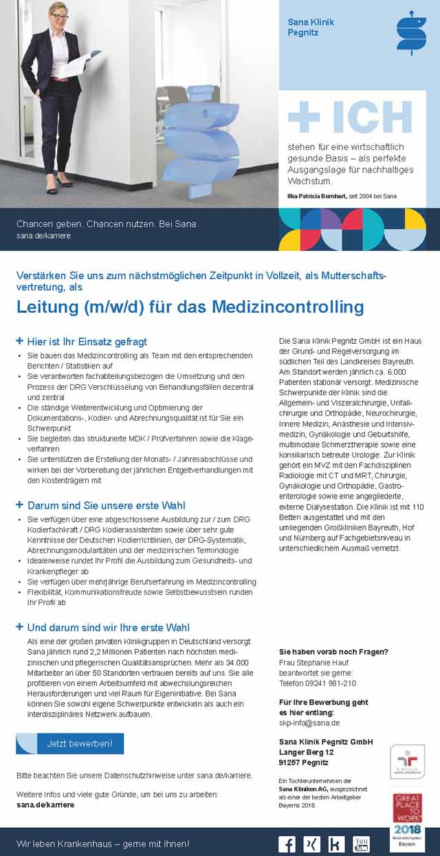 Sana Klinik Pegnitz GmbH: Leitung für das Medizincontrolling (m/w/d)