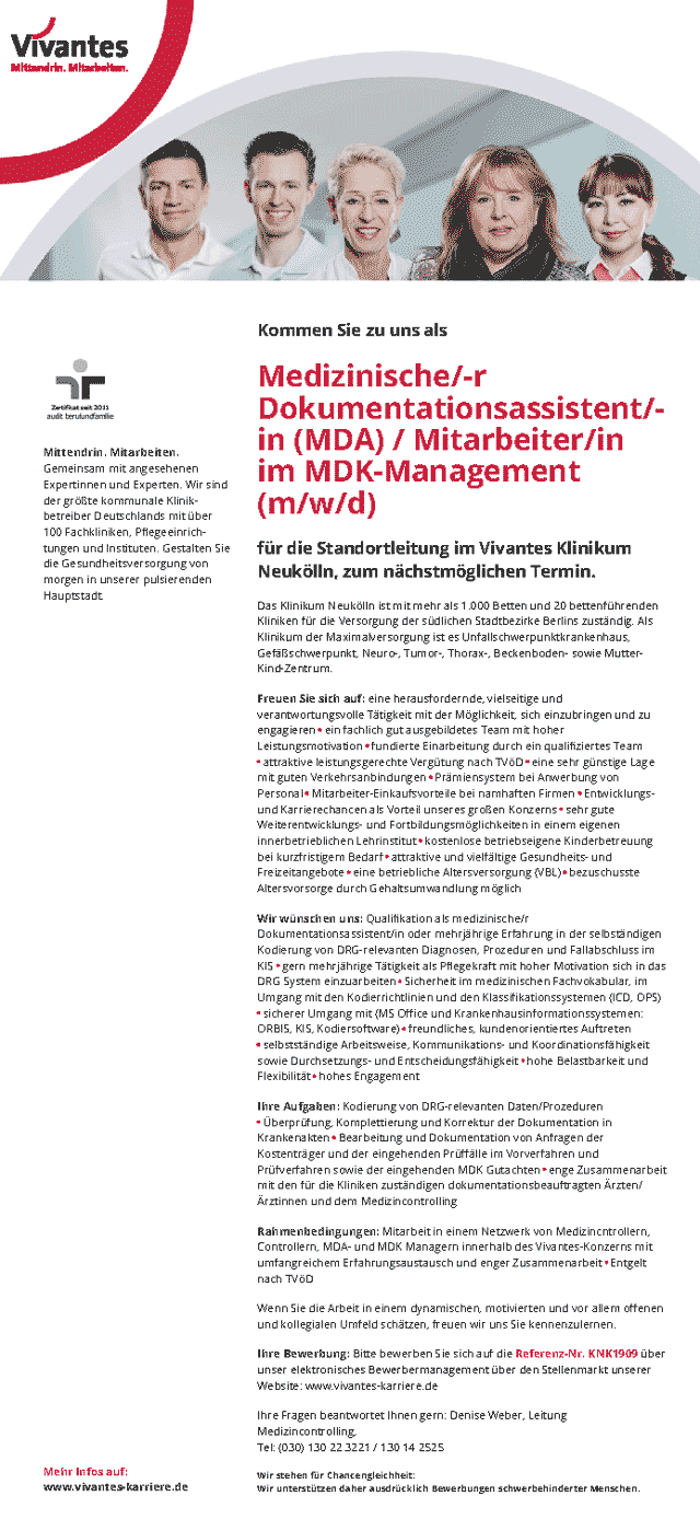 Vivantes Klinikum Neukölln: Medizinischer Dokumentationsassistent (MDA) / Mitarbeiter im MDK-Management (m/w/d)
