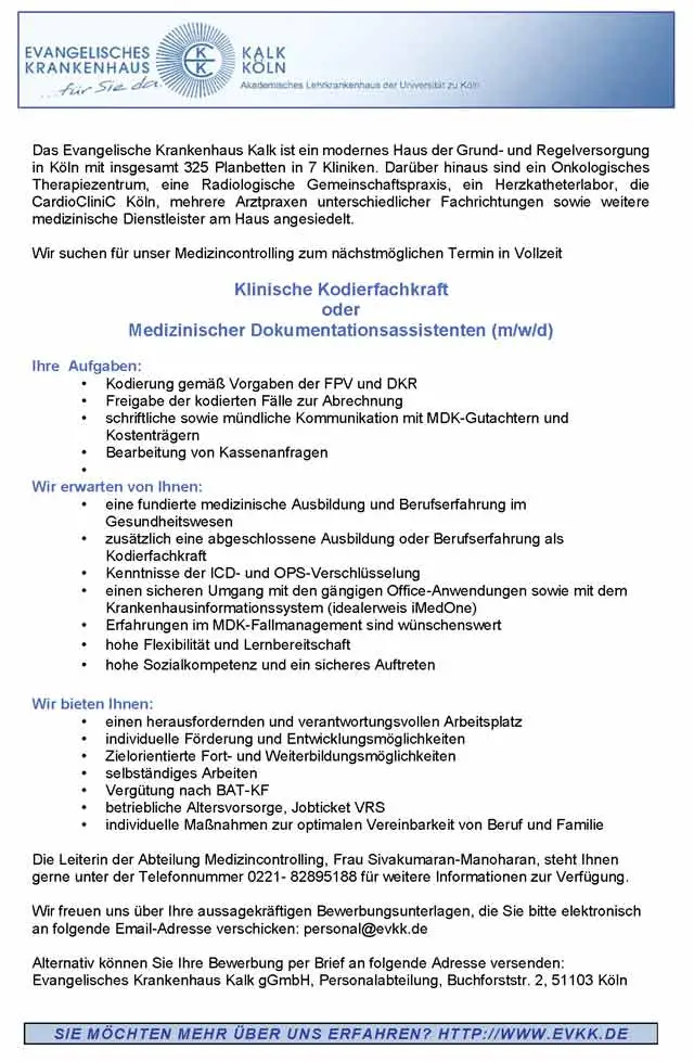 Evangelisches Krankenhaus Kalk gGmbH: Klinische Kodierfachkraft / Med. Dokumentationsassistent (m/w/d)