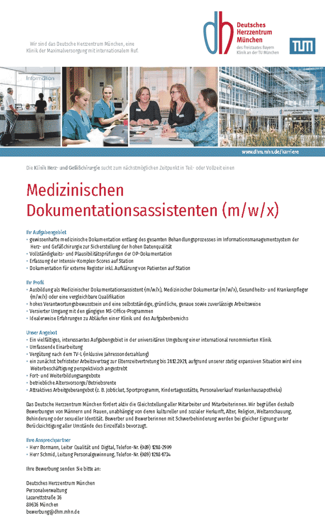 Deutsches Herzzentrum München des Freistaates Bayern: Medizinischer Dokumentationsassistent (m/w/x)