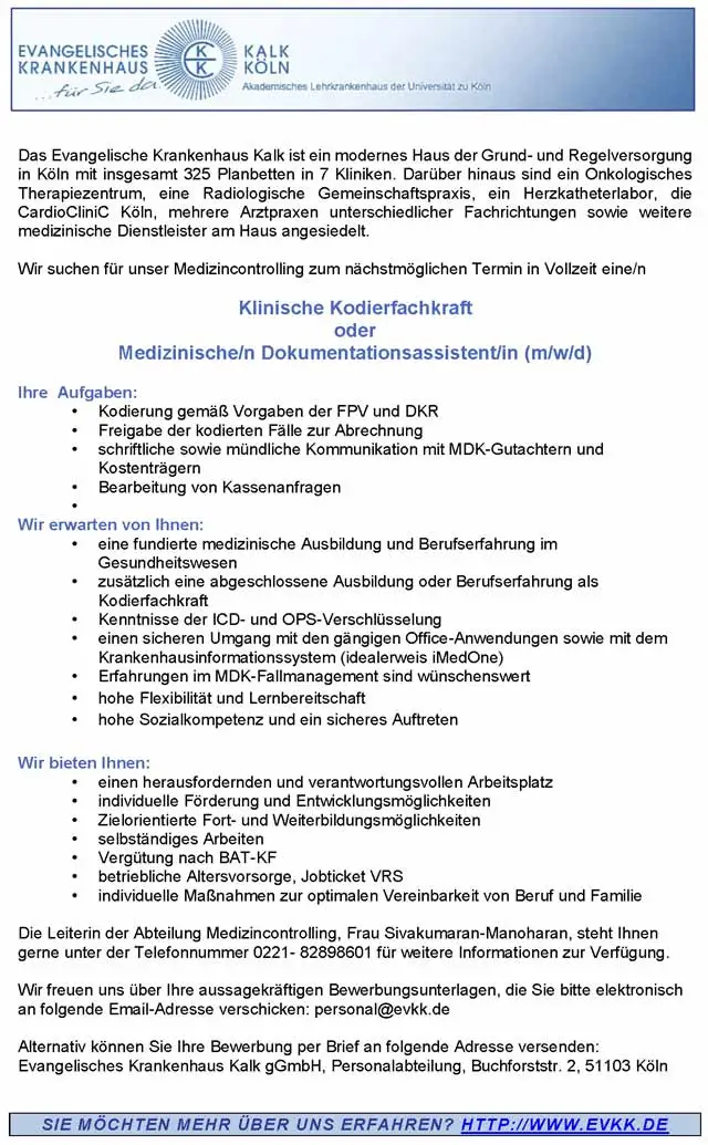 Evangelisches Krankenhaus Kalk gGmbH: Klinische Kodierfachkraft / Med. Dokumentationsassistent (m/w/d)