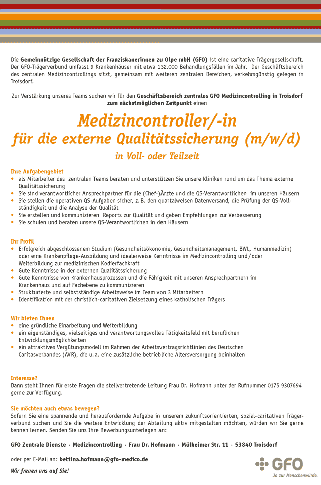 GFO Zentrale Dienste Troisdorf: Medizincontroller externe Qualitätssicherung (m/w/d)