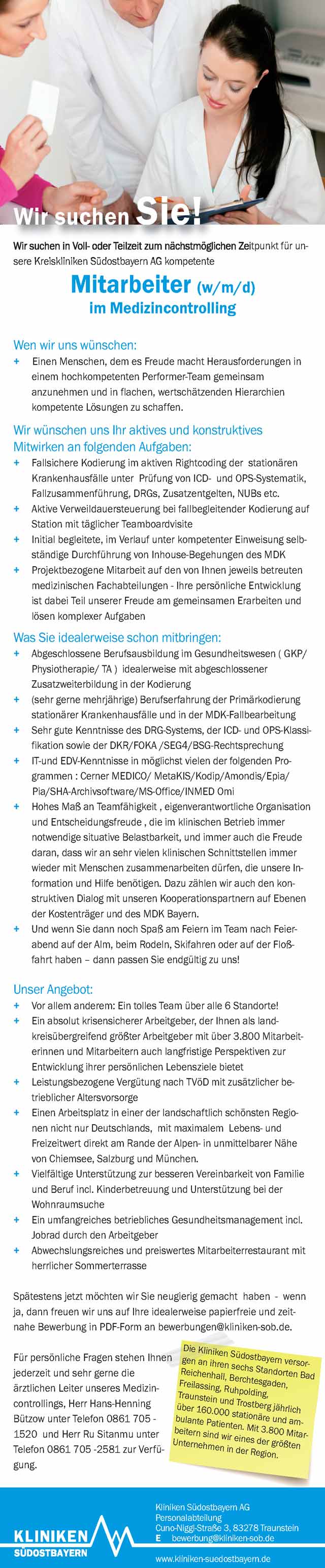 Kliniken Südostbayern AG: Medizincontroller / Kodierfachkraft (w/m/d)