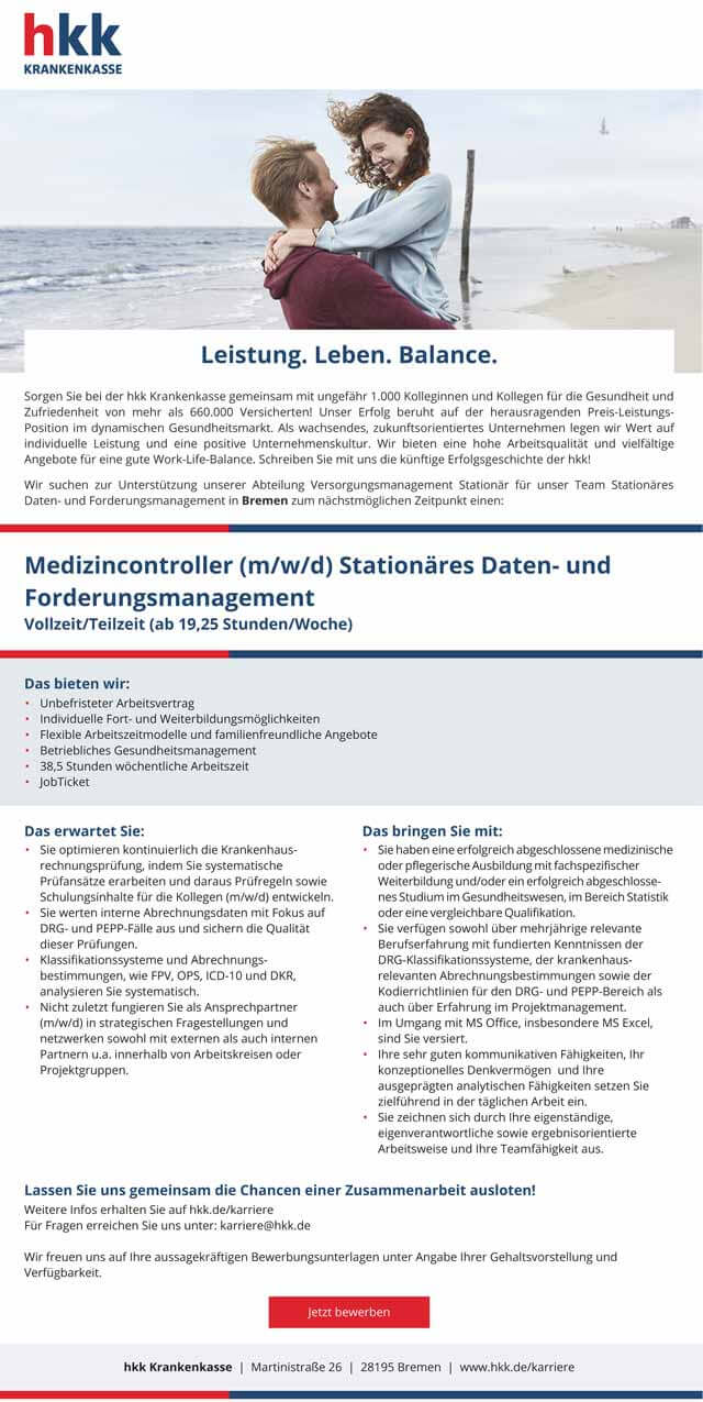 hkk Krankenkasse, Bremen: Medizincontroller Stationäres Daten- und Forderungsmanagement (m/w/d)