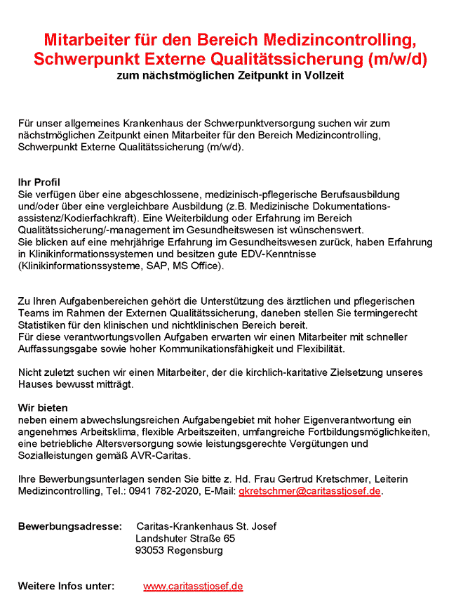 Caritas-Krankenhaus St. Josef Regensburg: Mitarbeiter für den Bereich Medizincontrolling (m/w/d)