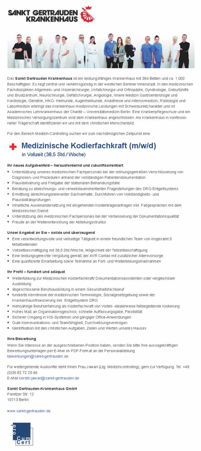 Sankt Gertrauden Krankenhaus Berlin: Medizinische Kodierfachkraft (m/w/d)