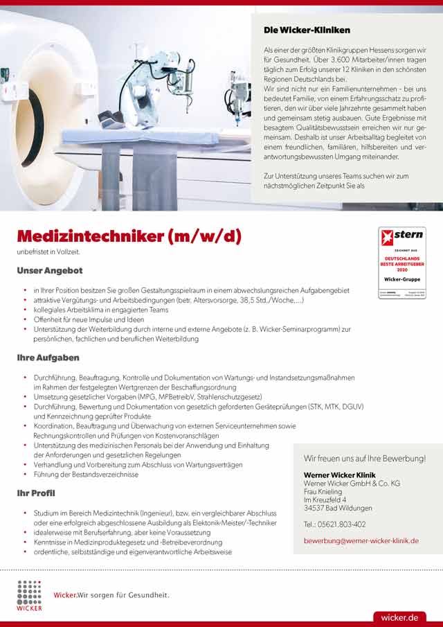Werner Wicker Klinik Bad Wildungen: Medizintechniker (m/w/d)