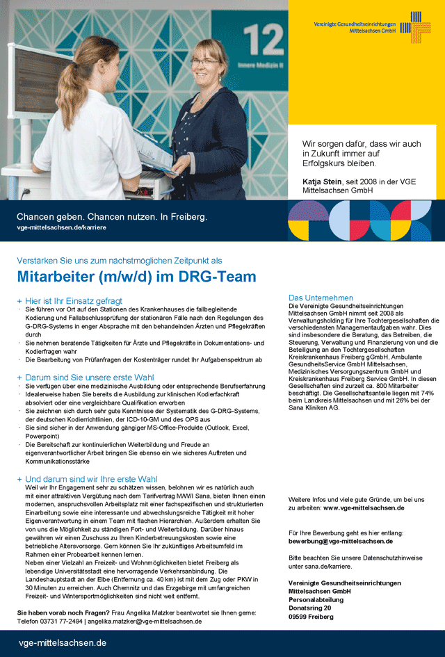 Vereinigte Gesundheitseinrichtungen Mittelsachsen GmbH: Mitarbeiter im DRG-Team (m/w/d)