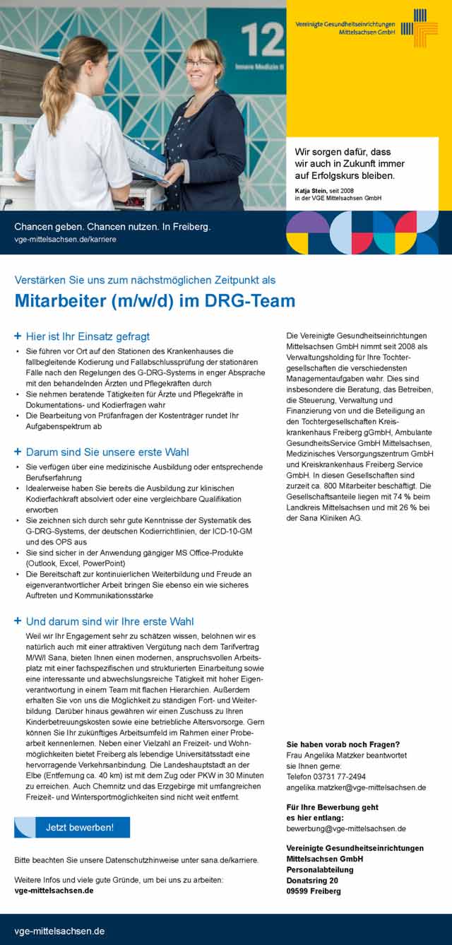 Vereinigte Gesundheitseinrichtungen Mittelsachsen GmbH Freiberg: Mitarbeiter im DRG-Team (m/w/d)