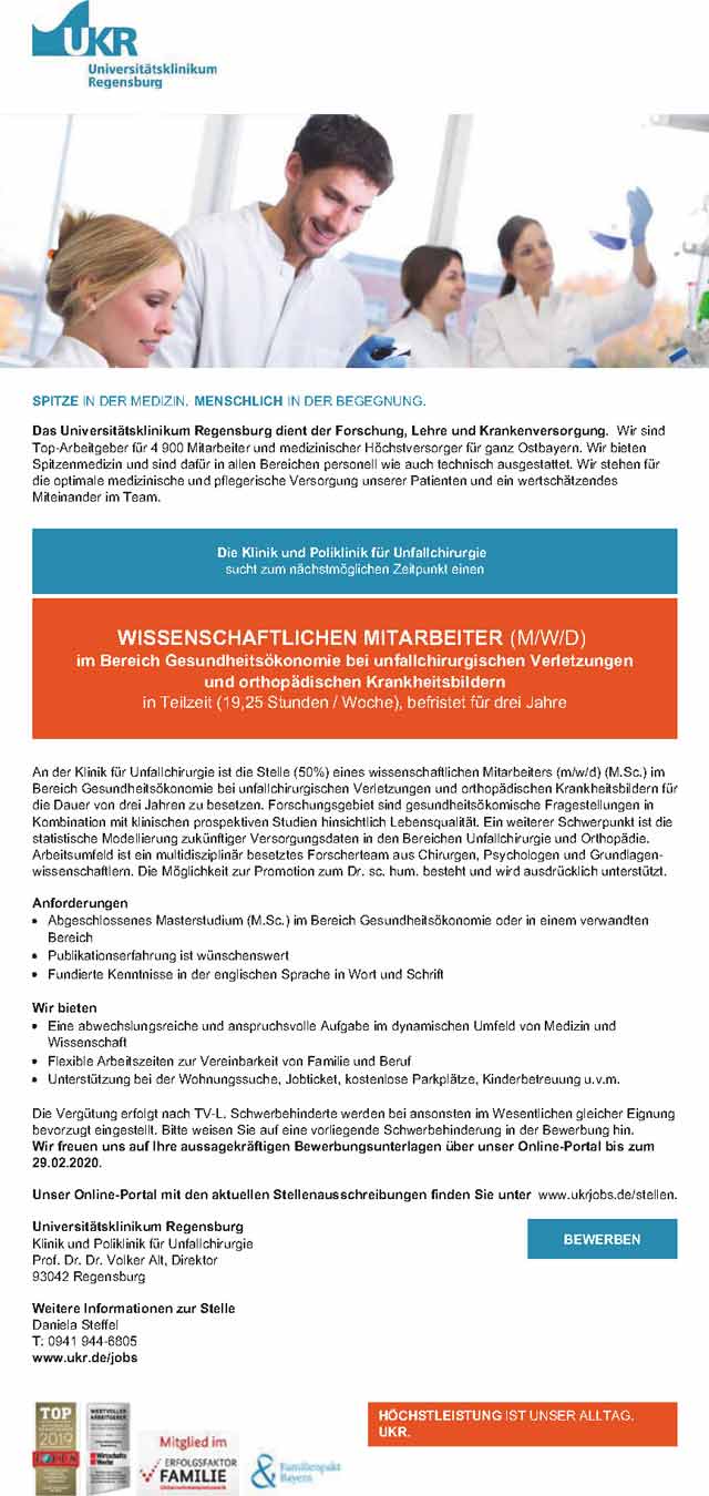 Universitätsklinikum Regensburg: Wissenschaftlicher Mitarbeiter (m/w/d)
