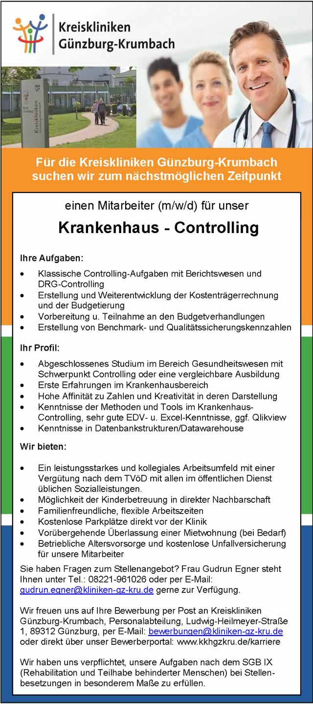 Kreiskliniken Günzburg-Krumbach: Mitarbeiter Krankenhaus-Controlling (m/w/d)