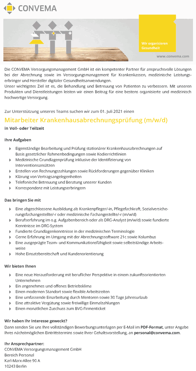 CONVEMA Versorgungsmanagement GmbH: Mitarbeiter Krankenhausabrechnungsprüfung (m/w/d)