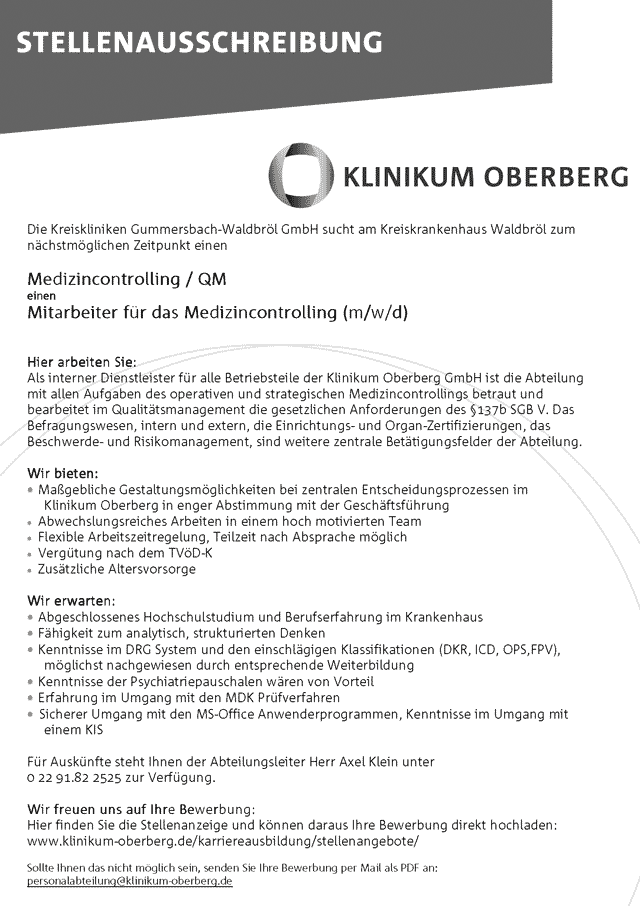 Klinikum Oberberg GmbH: Mitarbeiter Medizincontrolling / Qualitätsmanagement (m/w/d)