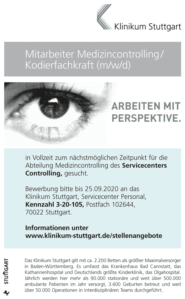 Klinikum Stuttgart: Mitarbeiter Medizincontrolling / Kodierfachkraft (m/w/d)