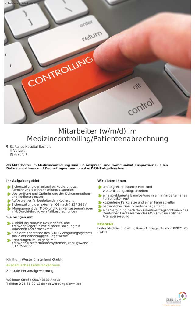 Klinikum Westmünsterland GmbH: Mitarbeiter im Medizincontrolling / Patientenabrechnung (w/m/d)
