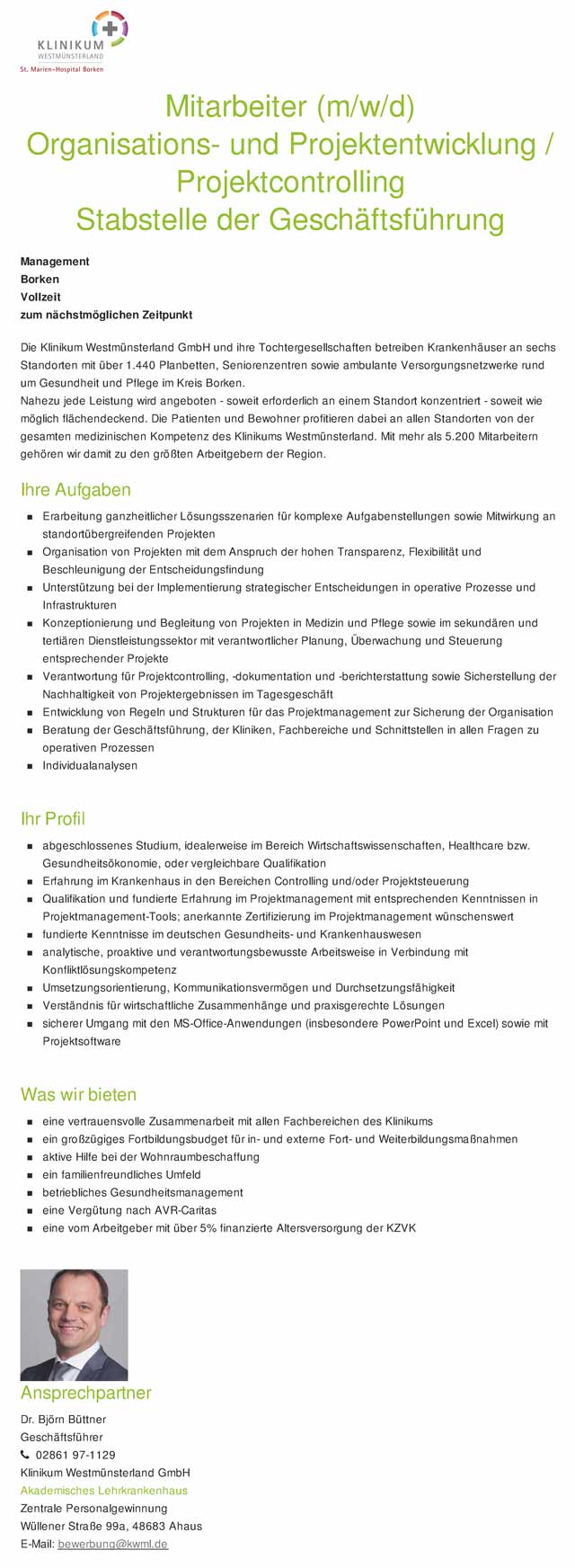 Klinikum Westmünsterland GmbH: Mitarbeiter Organisations- und Projektentwicklung / Projektcontrolling (m/w/d)
