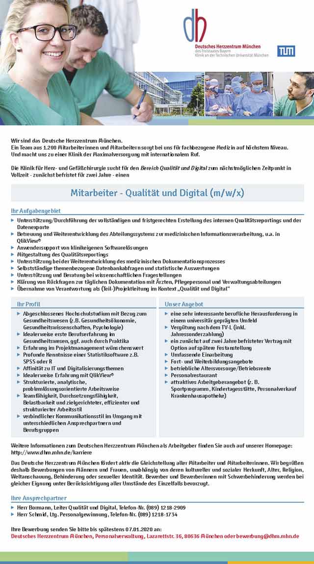 Deutsches Herzzentrum München des Freistaates Bayern: Mitarbeiter Qualität und Digital (m/w/x)