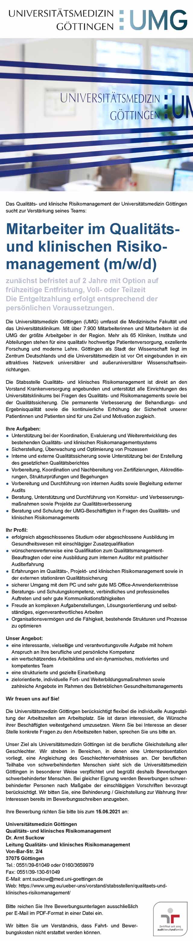 Universitätsmedizin Göttingen: Mitarbeiter Qualitätsmanagement u. klinisches Risikomanagement (m/w/d)