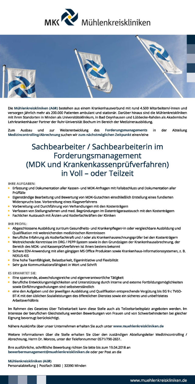 Mühlenkreiskliniken (AöR), Minden: Sachbearbeiter im Forderungsmanagement (m/w)