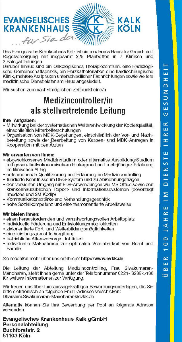 Evangelisches Krankenhaus Köln-Kalk gGmbH: Medizincontroller als stellvertretende Leitung (m/w)