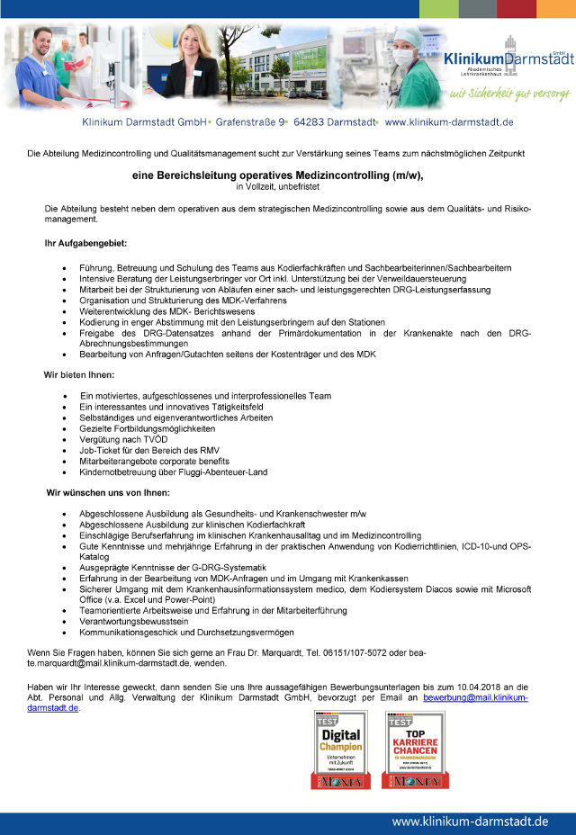 Klinikum Darmstadt GmbH: Bereichsleitung operatives Medizincontrolling (m/w)