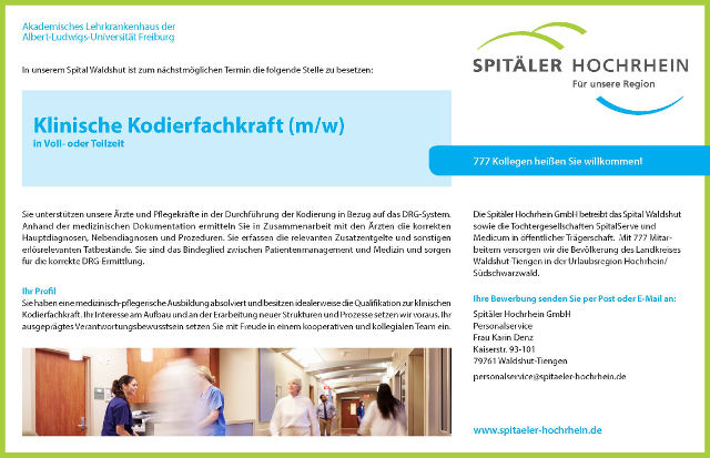 Spitäler Hochrhein GmbH, Waldshut-Tiengen: Klinische Kodierfachkraft (m/w)