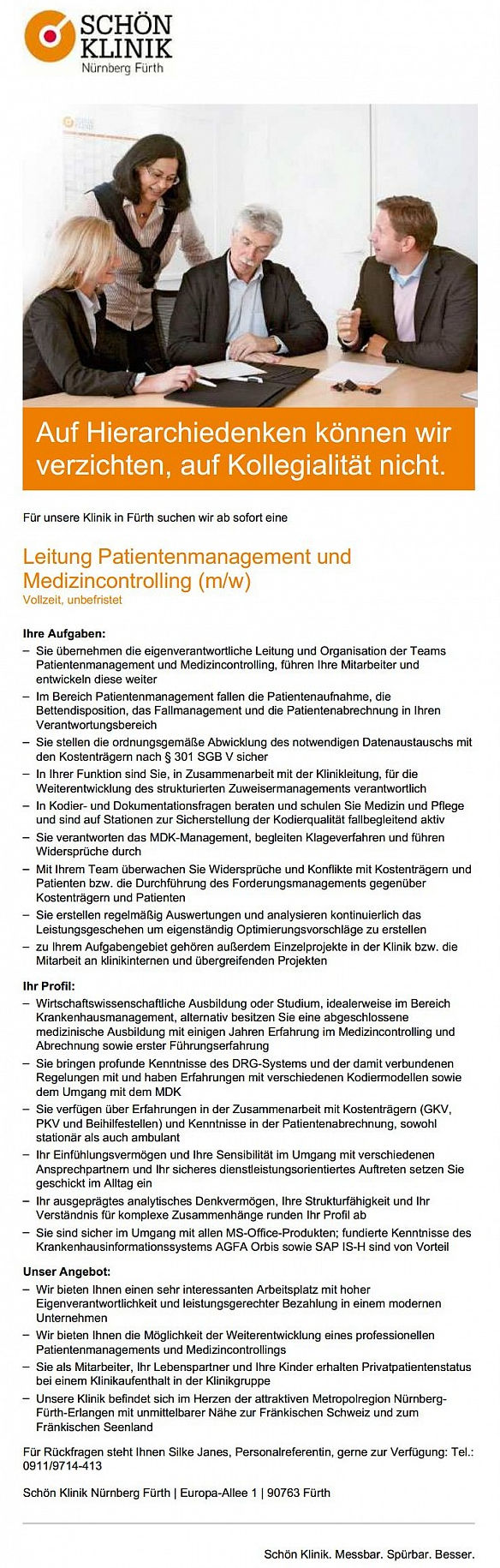 Schön Klinik Fürth: Leitung Patientenmanagement und Medizincontrolling (m/w)