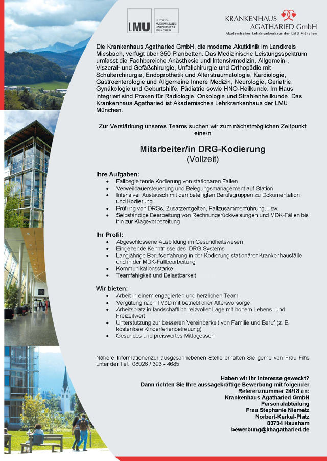 Krankenhaus Agatharied GmbH, Hausham: Mitarbeiter DRG-Kodierung (m/w)