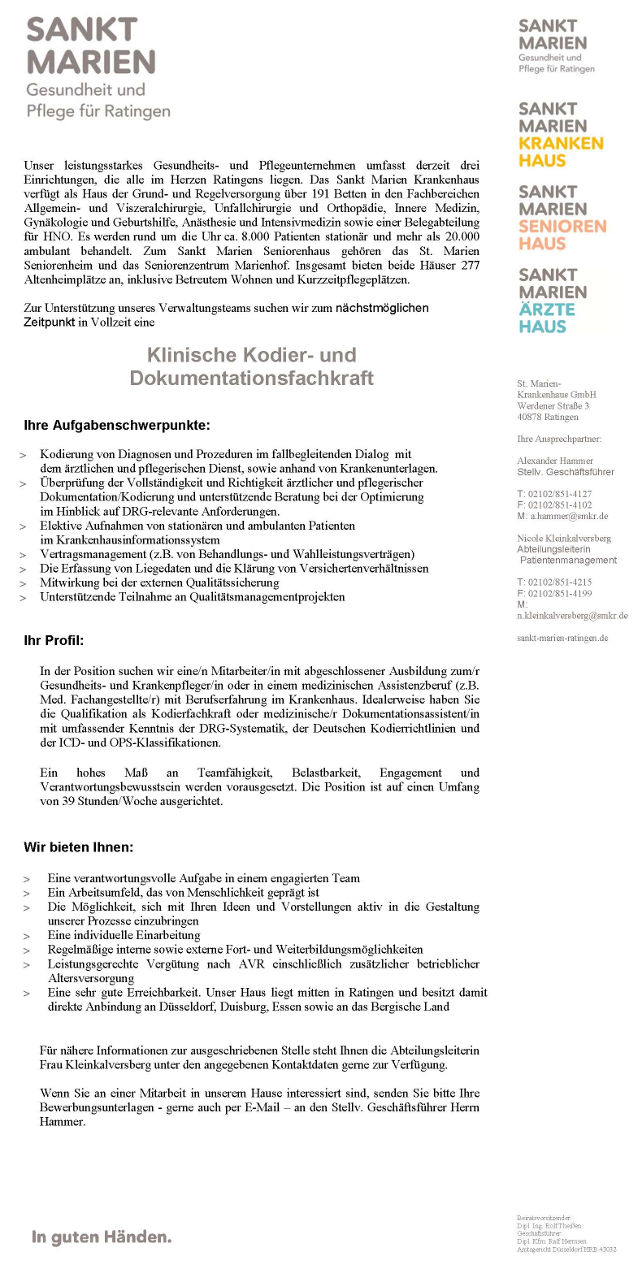 St. Marien-Krankenhaus GmbH, Ratingen: Klinische Kodier- und Dokumentationsfachkraft (m/w)