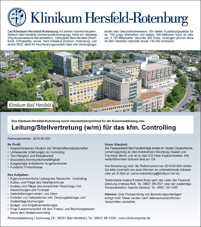 Klinikum Hersfeld-Rotenburg, Bad Hersfeld: Leitung/Stellvertretung kfm. Controlling (w/m)
