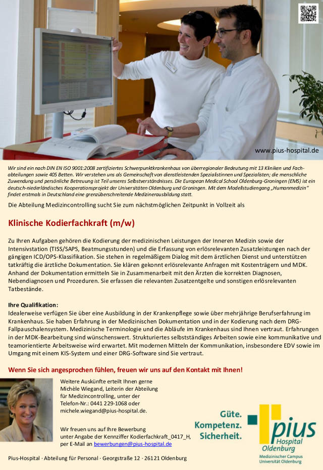Pius Hospital Oldenburg: Klinische Kodierfachkraft (m/w)